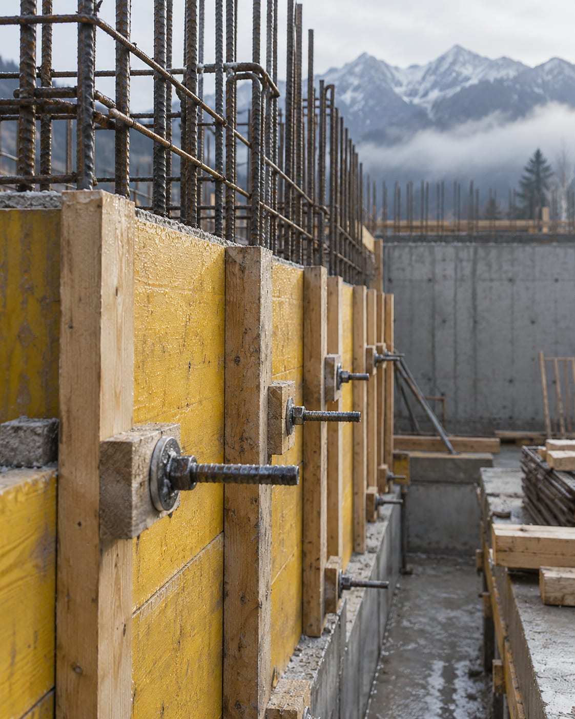 Schalung und Armierung einer neuen Kellerwand auf einer Baustelle, im Hintergrund Berge im Morgenlicht